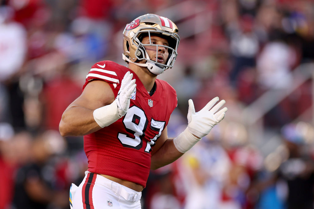 Nick Bosa shrugging shoulders