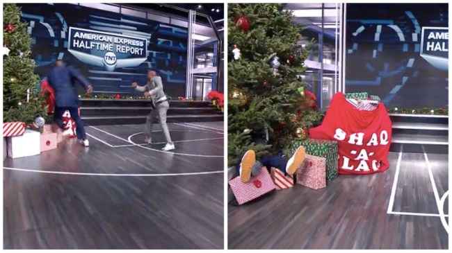 kenny smith launches shaq into christmas tree