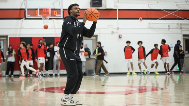 Bronny James warming up
