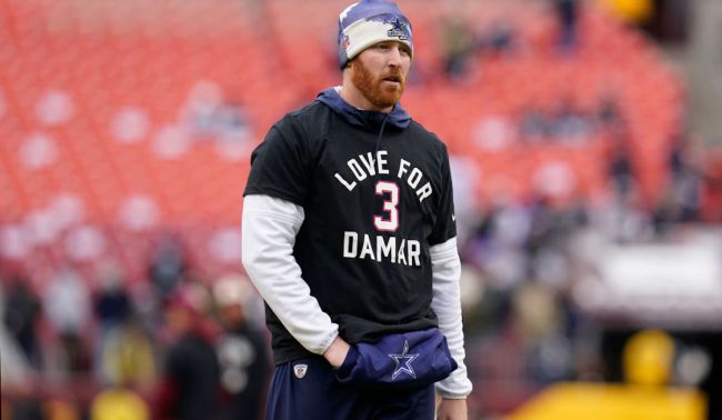 LANDOVER, MARYLAND - JANUARY 08: Cooper Rush #10 of the Dallas Cowboys wears a shirt in support of Buffalo Bills safety Damar Hamlin prior to the game against the Washington Commanders at FedExField on January 08, 2023 in Landover, Maryland. (Photo by Jess Rapfogel/Getty Images)