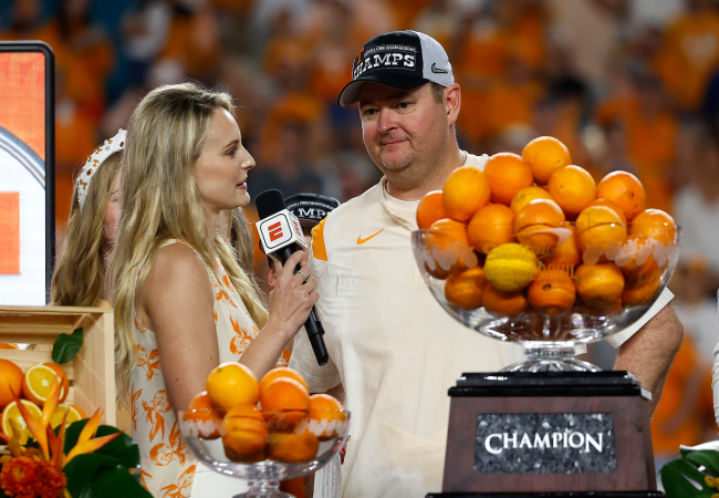 Josh Heupel celebrates an Orange Bowl win.