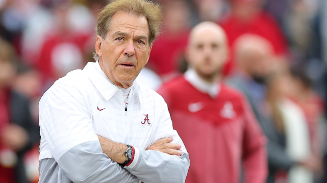 Nick Saban looks on from the sidelines.