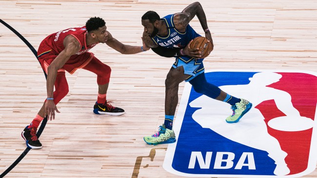 Giannis Antetokounmpo guards LeBron James during the NBA All-Star Game 