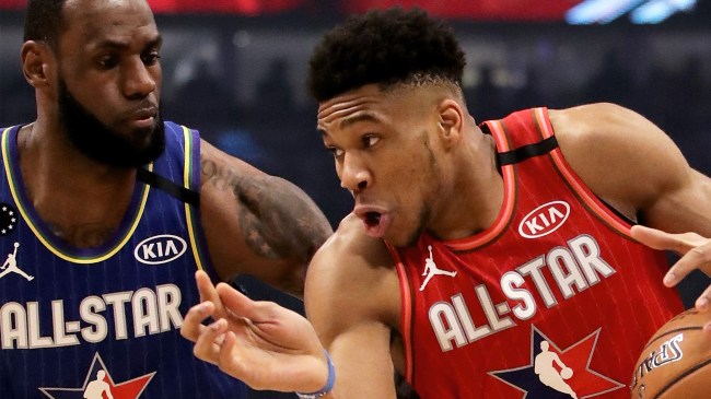 LeBron James guards Giannis Antetokounmpo at the NBA All-Star Game