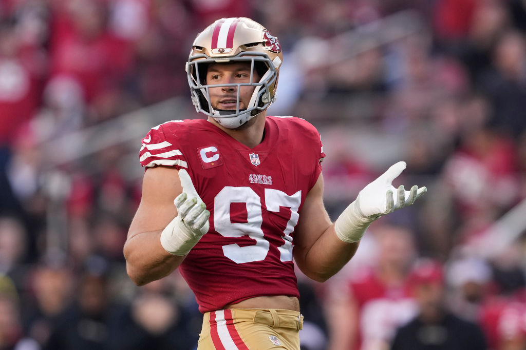 Nick Bosa shrugging shoulders