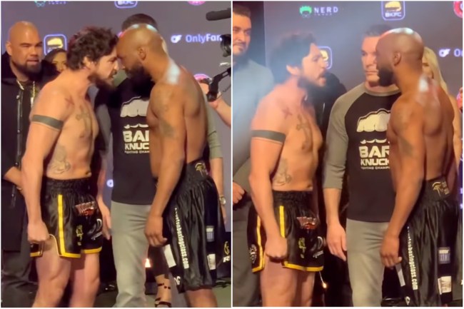 Diego Sanchez and Austin Trout in an intense stare-down at the weight-ins for BKFC's Knucklemania 3 in Albuquerque, New Mexico.