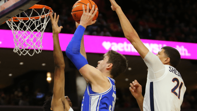 A Duke player attempts a shot.