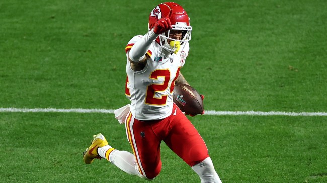 Skyu Moore of the Kansas City Chiefs scores a touchdown in Super Bowl LVII
