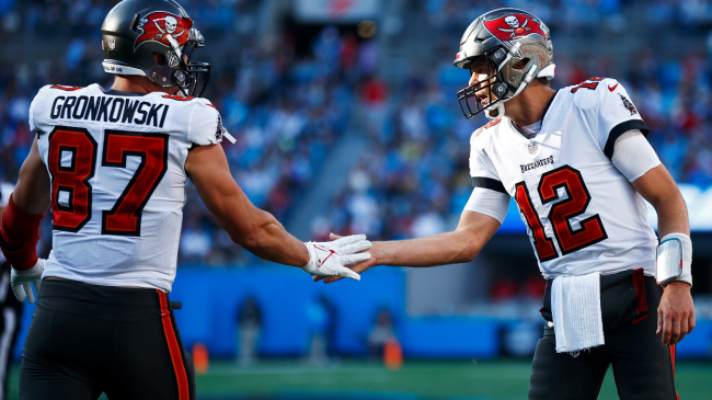 Tom Brady and Rob Gronkowski celebrate.