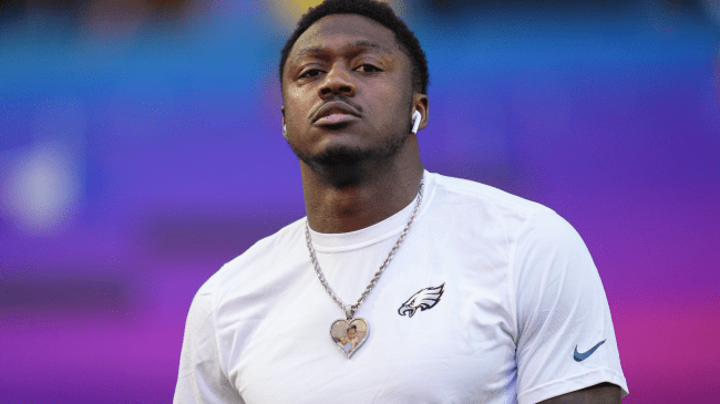 Eagles wide receiver AJ Brown warms up before the Super Bowl.