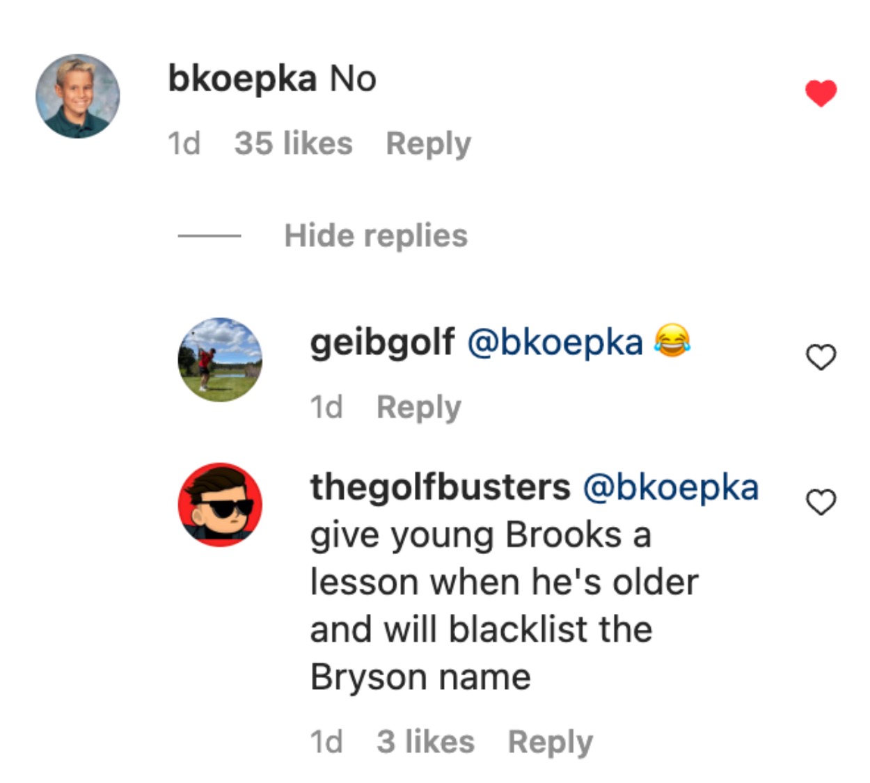Brooks Koepka Instagram comment