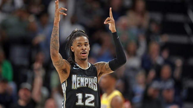 Ja Morant celebrates a play.