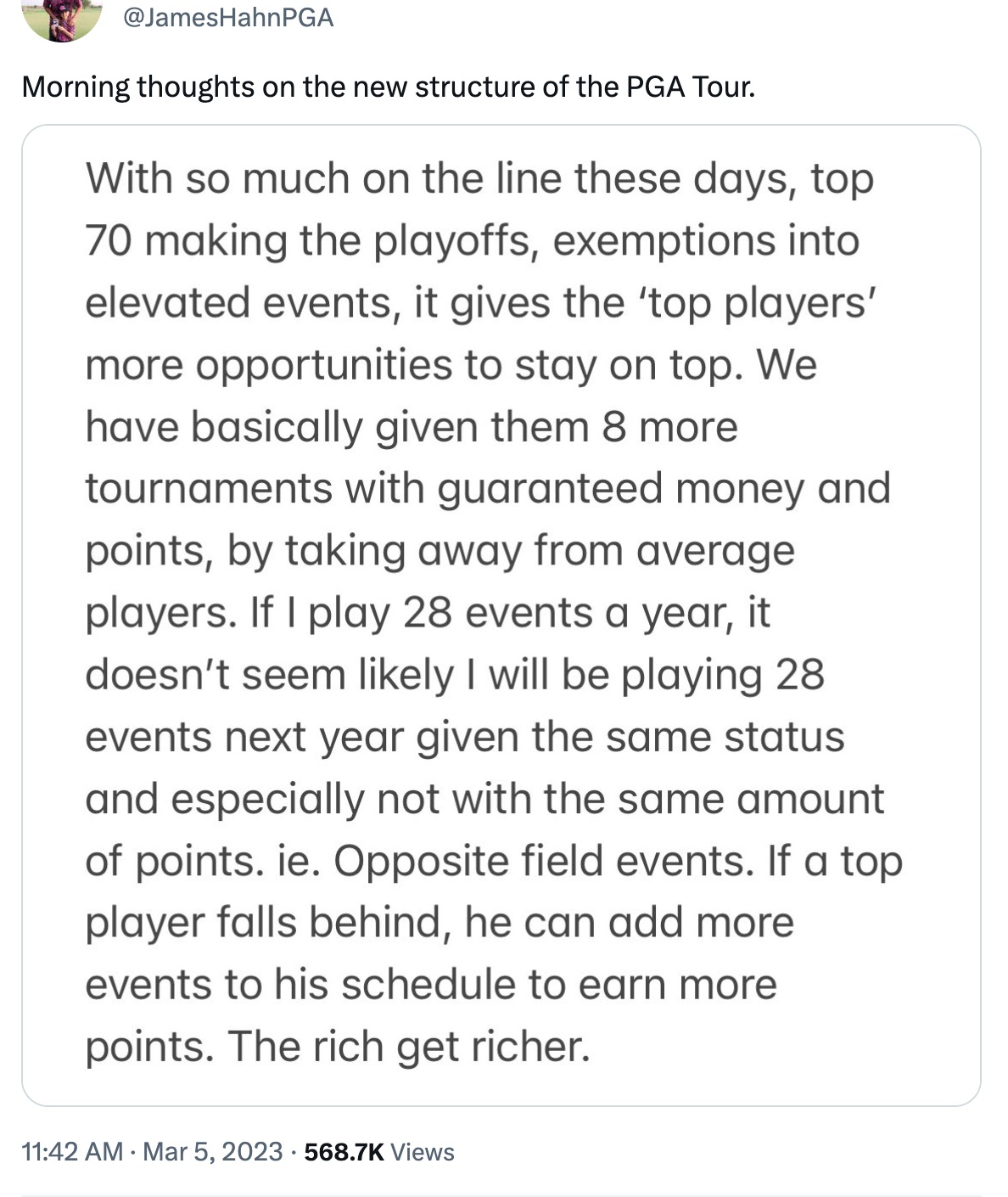 James Hahn PGA Tour statement on changes