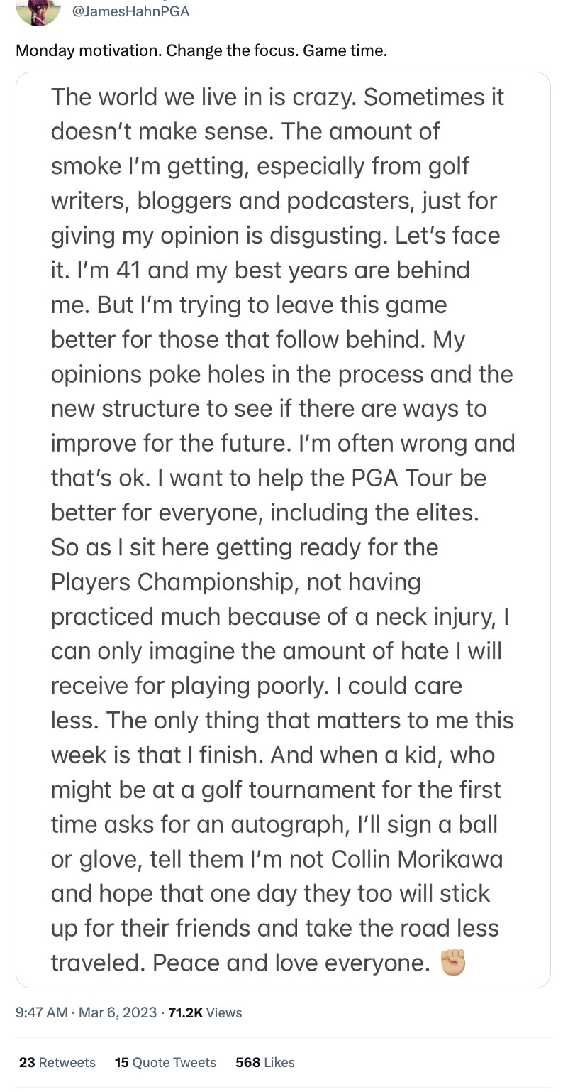 James Hahn PGA Tour statement on changes