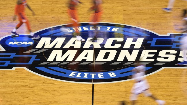 March Madness logo on basketball court