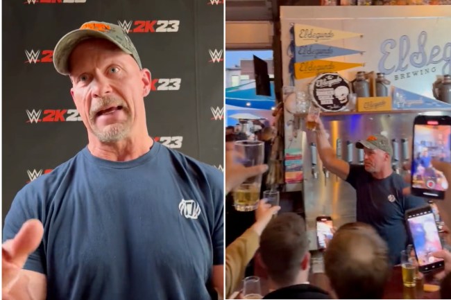 Stone Cold Steve Austin raising a beer in toast at the WWE 2K23 launch party in El Segundo, California. 