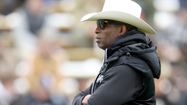Deion Sanders watches on at the Colorado spring game.