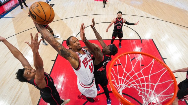 DeMar DeRozan dunking on the Raptors