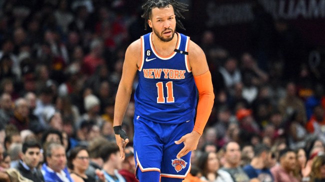 Jalen Brunson celebrates a basket during a Knicks game.