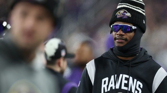 Lamar Jackson warms up before a Ravens game.