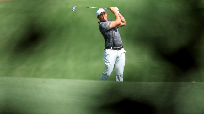 Scott Stallings watches his shot at the Masters.