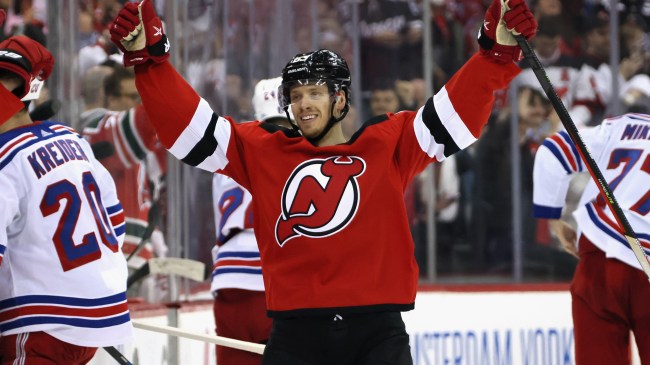 Devils winger Jesper Bratt celebrates after scoring against the Rangers