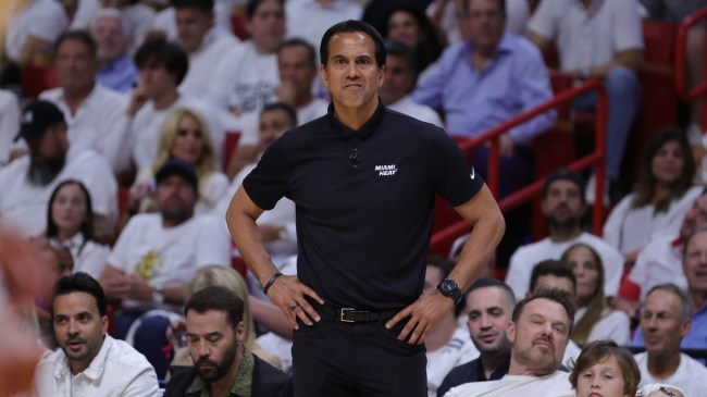 Erik Spoelstra reacts to a play on the sidelines.