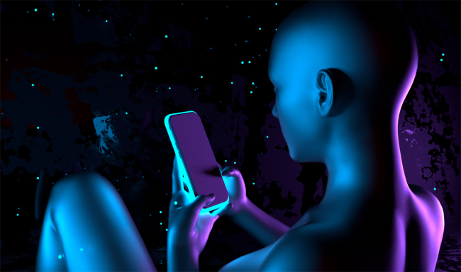 female robot looking at phone - Caryn Marjorie AI girlfriend