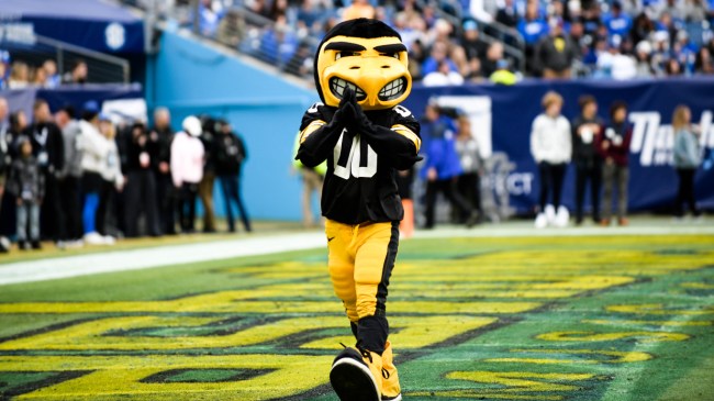 The Iowa Hawkeyes mascot celebrates at a bowl game.