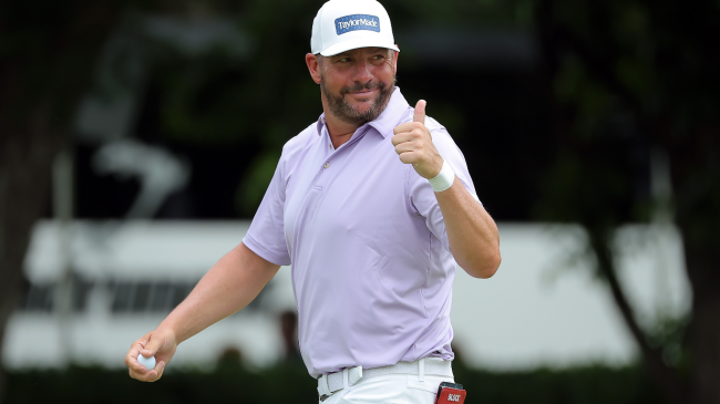 Michael Block celebrates a shot at the Charles Schwab Challenge.