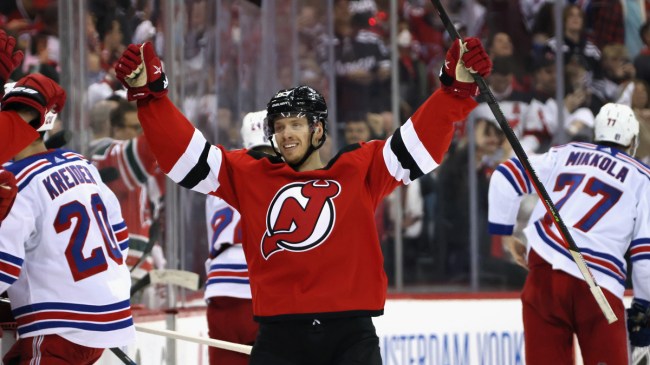 NJ Devils celebrate win over Rangers