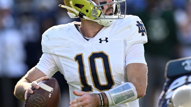 An Under Armour logo on a Notre Dame football jersey.