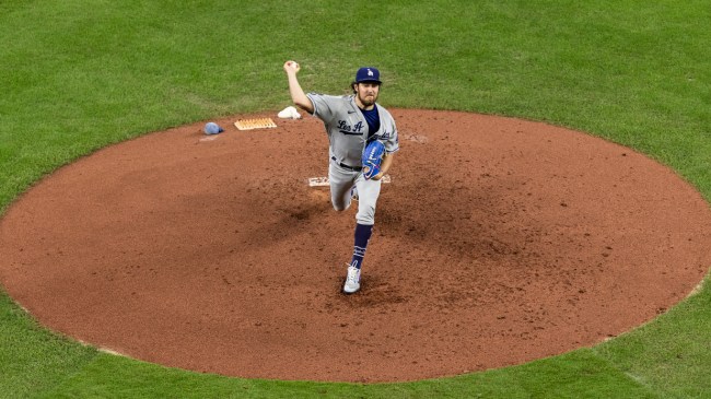 Trevor Bauer throws a pitch.