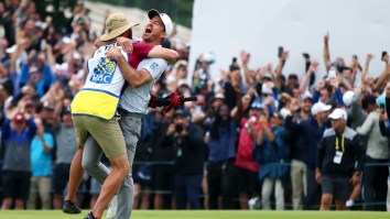 Security Guards Tackle PGA Tour Player Adam Hadwin As He Tries To Celebrate With Nick Taylor After Incredible Putt