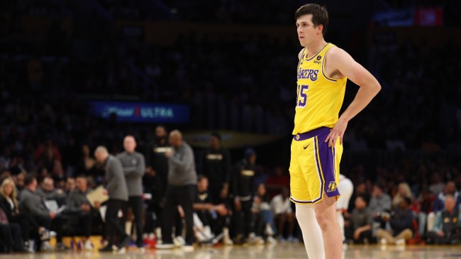 Austin Reaves stands on the court during the NBA Playoffs.