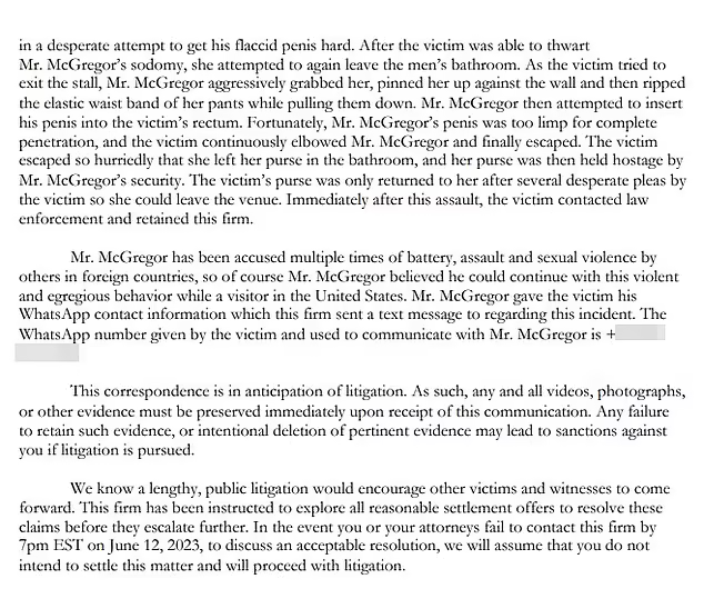 letter conor mcgregor assault allegations lawyer