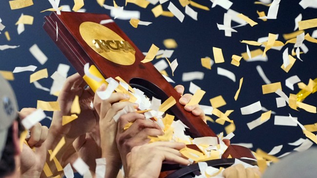 LSU baseball players hoist the national championship trophy.