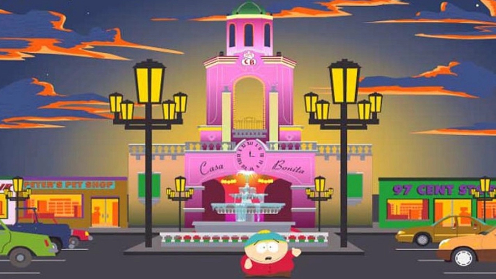 Eric Cartman in front of Casa Bonita on South Park