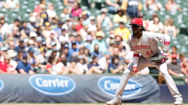 Elly De La Cruz watches a pitch from his position in the infield.