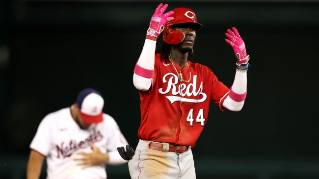 Elly De La Cruz celebrating a hit against the Nationals