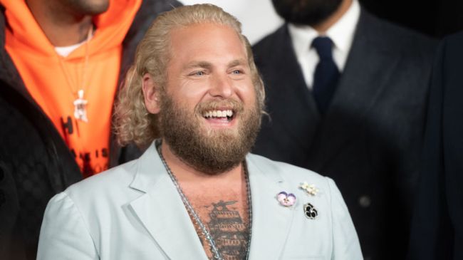 jonah hill wearing a blue suit