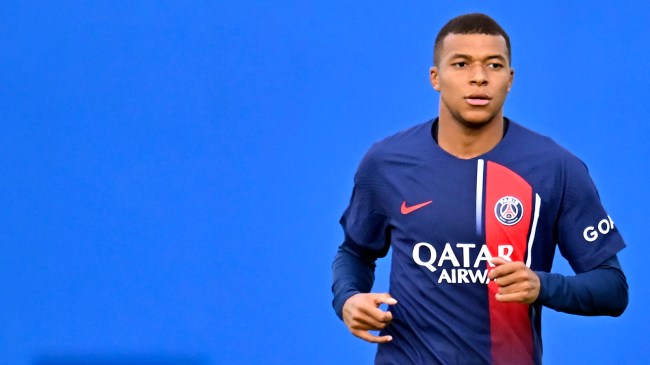 Kylian Mbappe on the field for PSG during a preseason friendly.