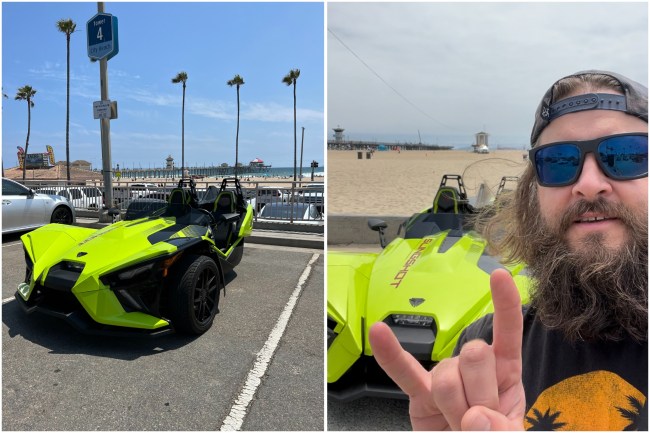 Man posing with a Polaris Slingshot like a really cool fella. 