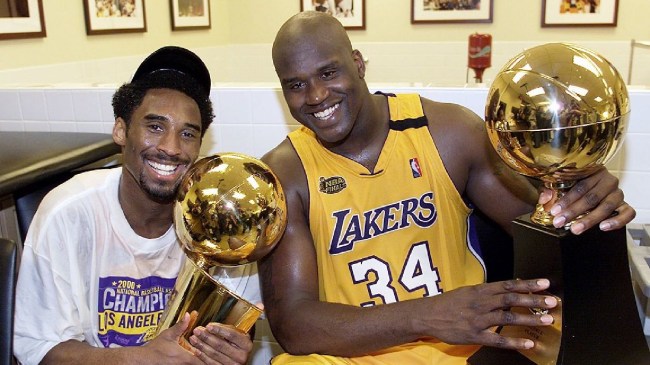 Kobe Bryant and Shaq celebrating after winning