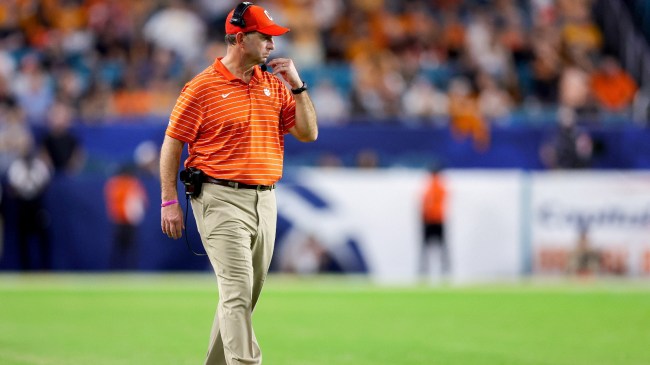 Dabo Swinney walks the sidelines during Clemson's Orange Bowl game vs. Tennessee.