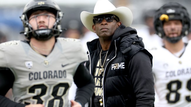 Deion Sanders watches on during the Colorado football team's spring game.