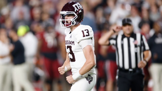 Haynes King celebrates after throwing a touchdown pass against South Carolina.