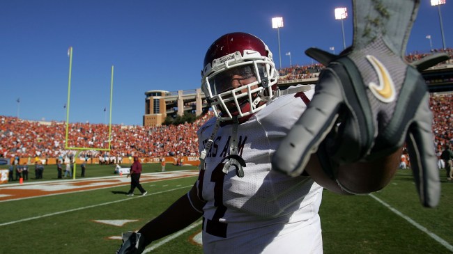 Jorvorskie Lane flashes a 'horns down' sign after a win over Texas.