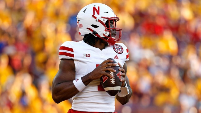Nebraska quarterback Jeff Sims drops back to throw a pass against Minnesota.