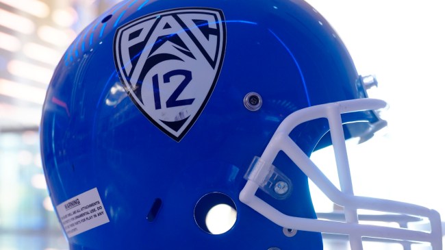 A PAC-12 logo on a helmet at media days.